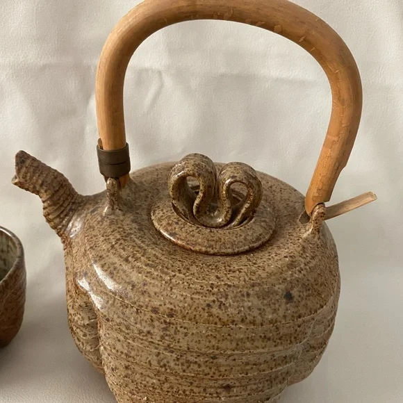 Mid Century 1970’s handmade stonewear Rustic Ceramic Teapot and Cup Set